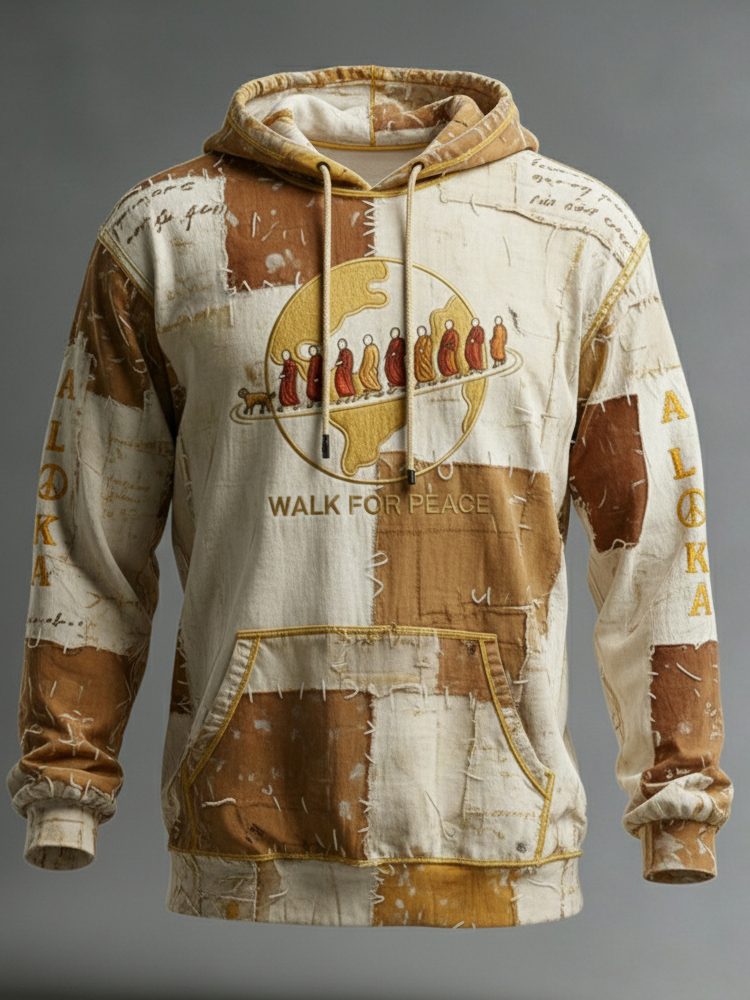 Walk For Peace Love In Every Step Artistic In Patchwork Print Distressed Hoodie