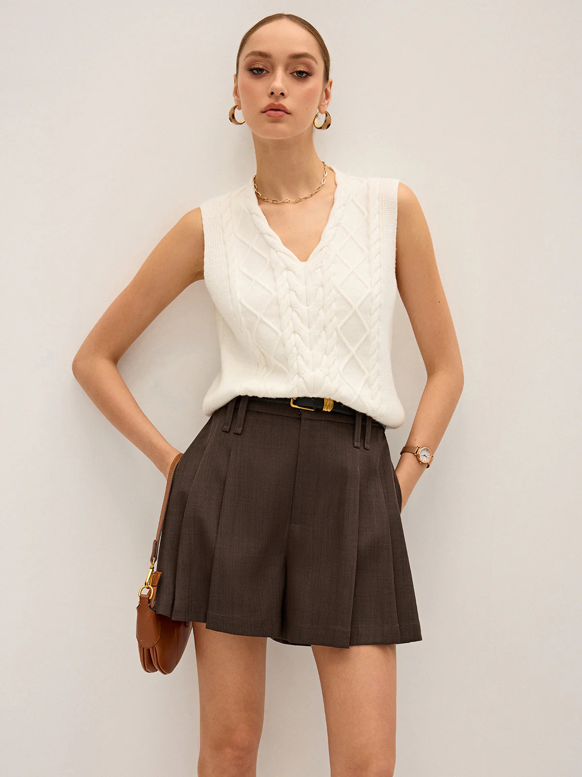 Pleated Mid-Waist Shorts without Belt