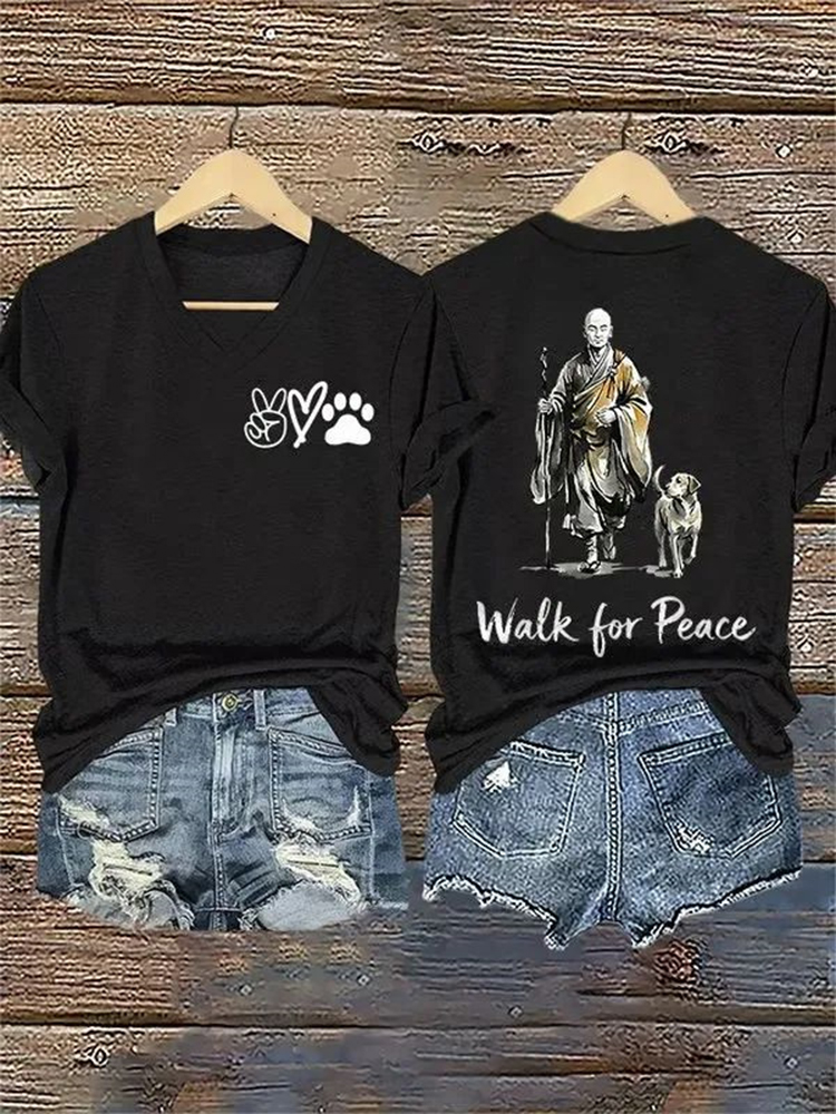 Women's Retro Walk For Peace Monks With Aloka Dog Printed V-neck T-shirt