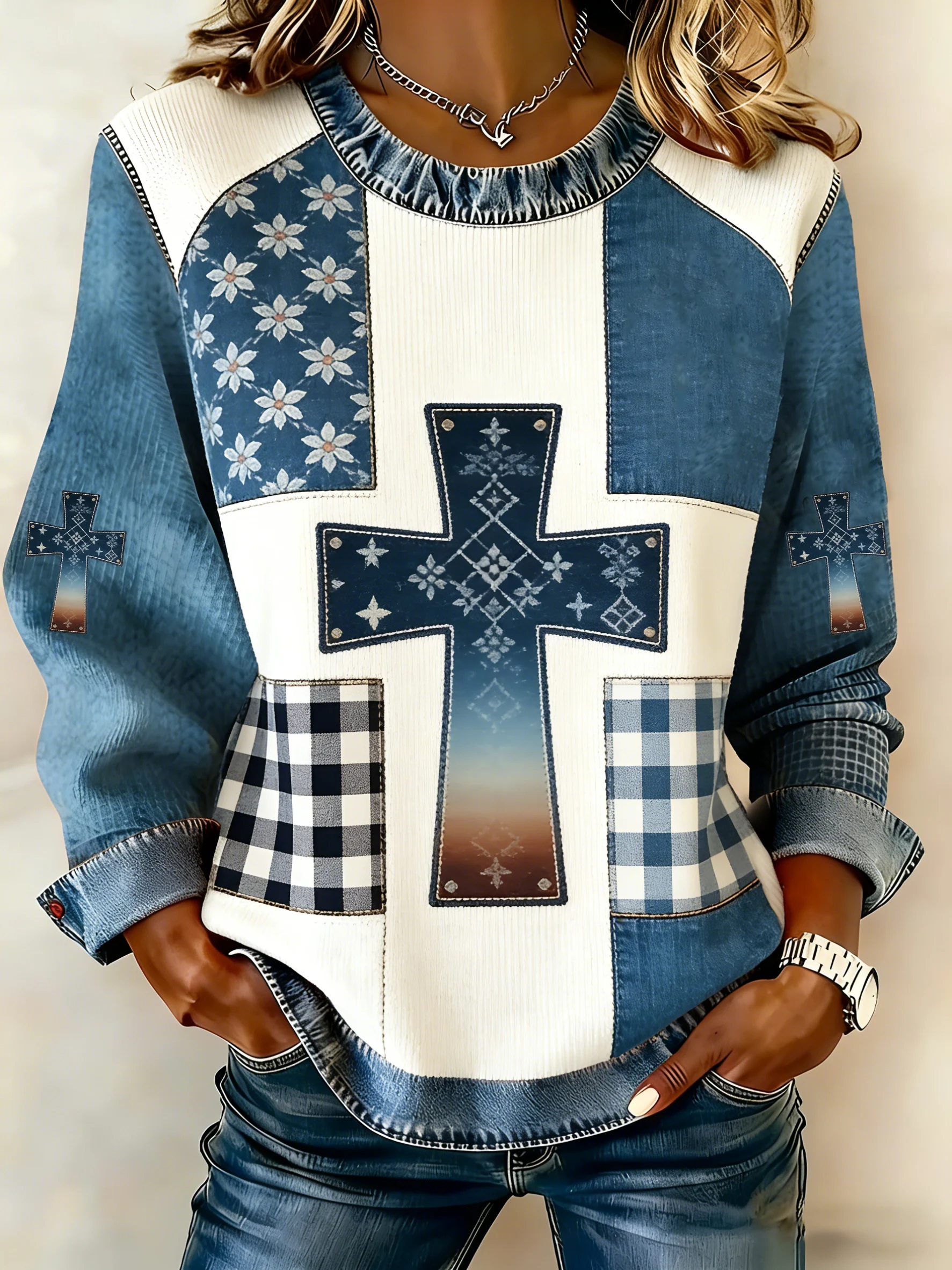 Women's Floral Denim-Like Print Sweatshirt-Fast Shipping