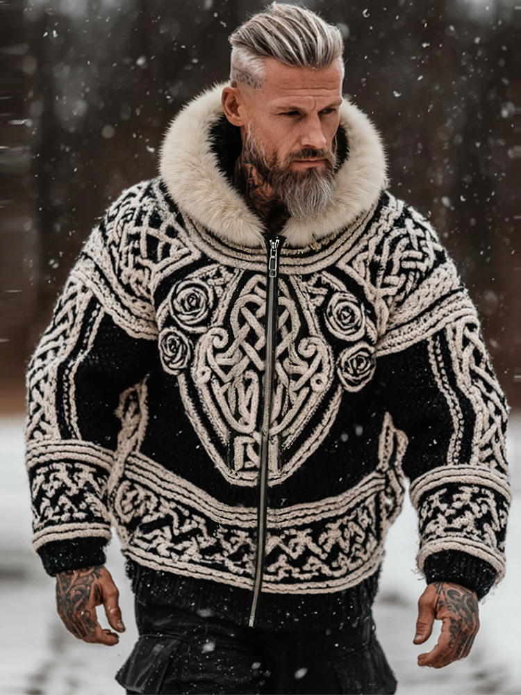 Men's Viking Celtic With Rose Art Cozy Fur Collar Knit Hooded Sweater Jacket