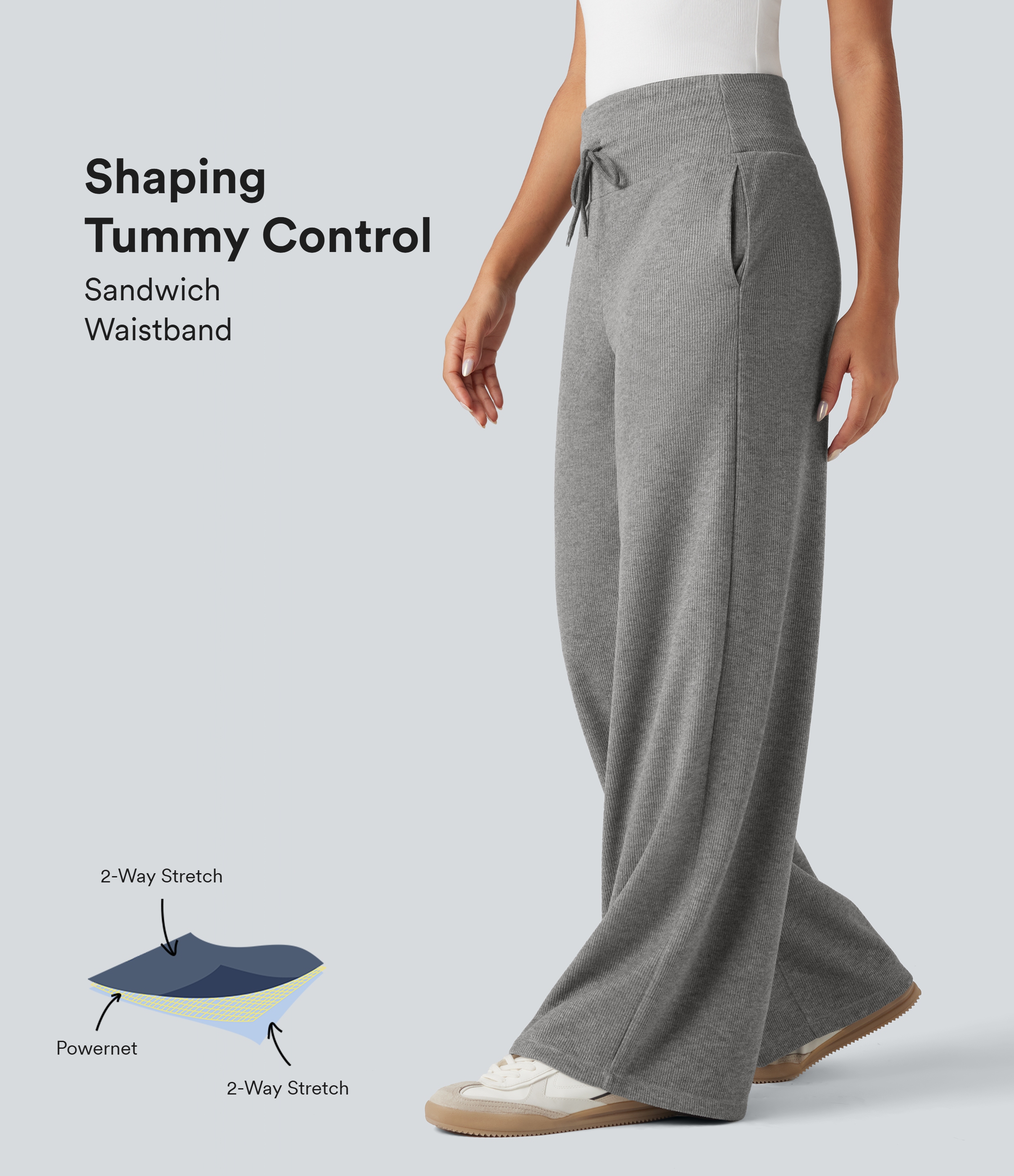 Ribbed Knit High Waisted Tummy Control Drawstring Casual Wide Leg Pants with Pockets