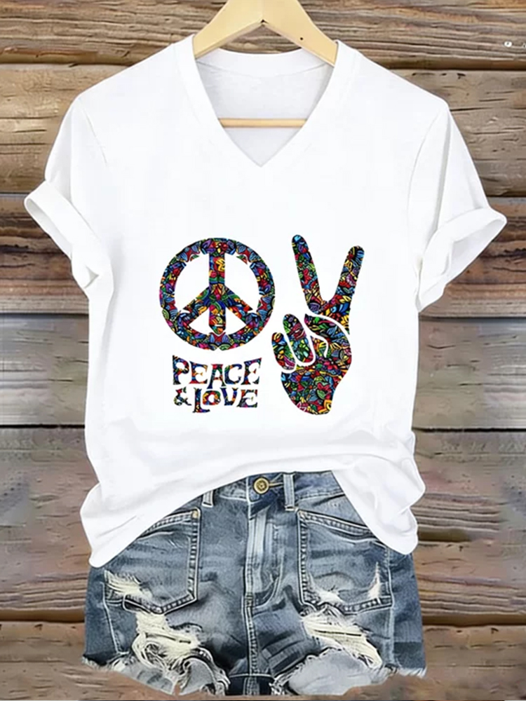 Love And Peace Color Pattern Printed V-neck Short Sleeve
