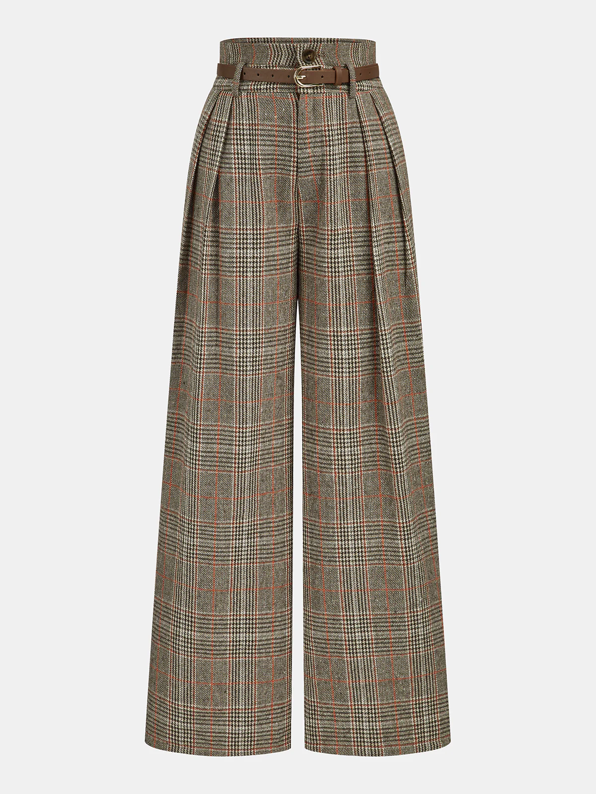 Belted Plaid High-Waisted Pants