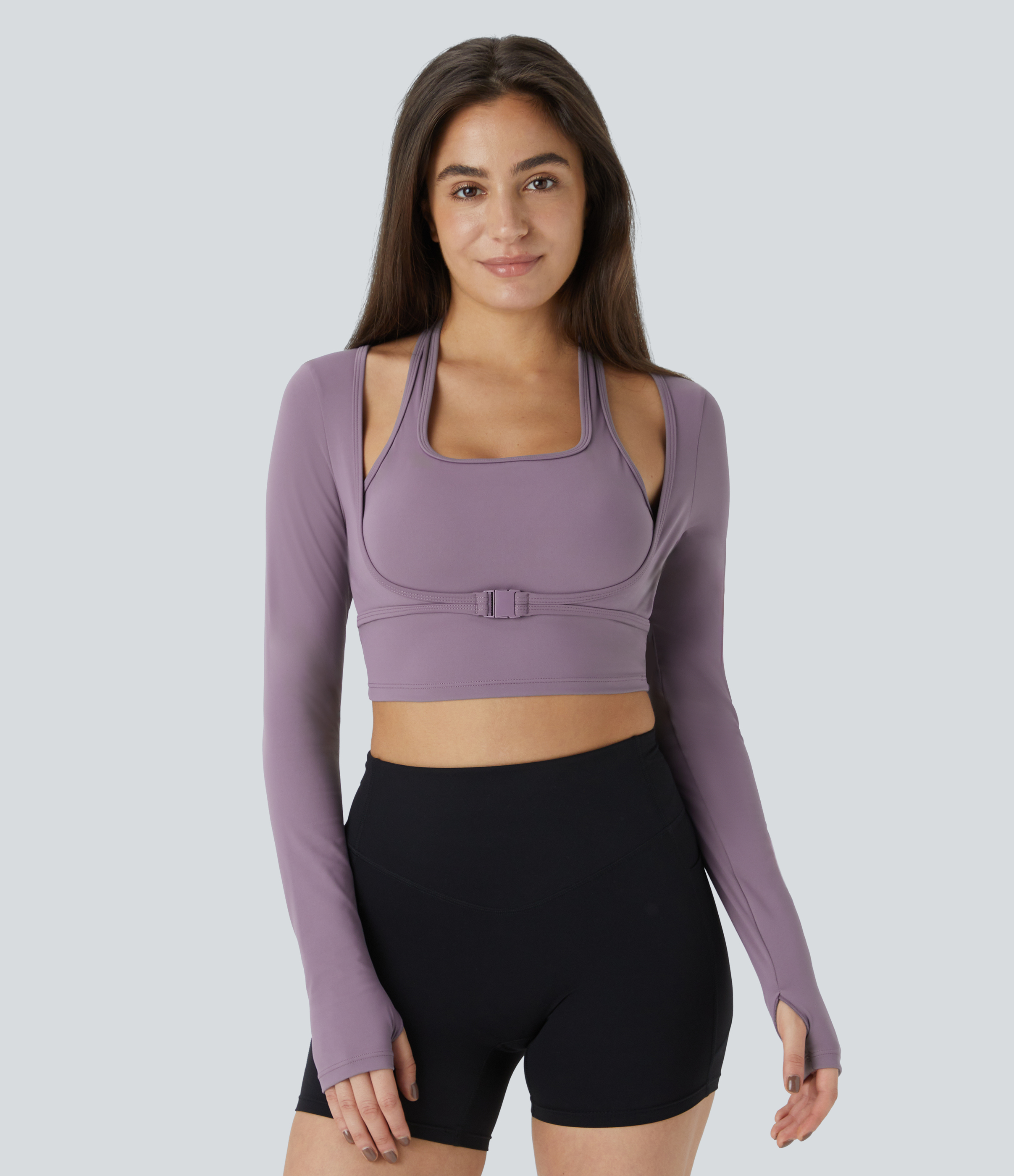 SoftlyZero™ Plush Halter Thumb Hole Long Sleeve Cropped 2-in-1 Yoga Sports Top