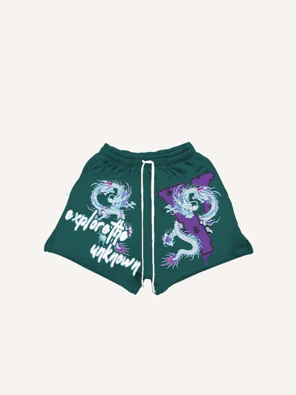Dragon&Letter Print Drawstring Waist Shorts