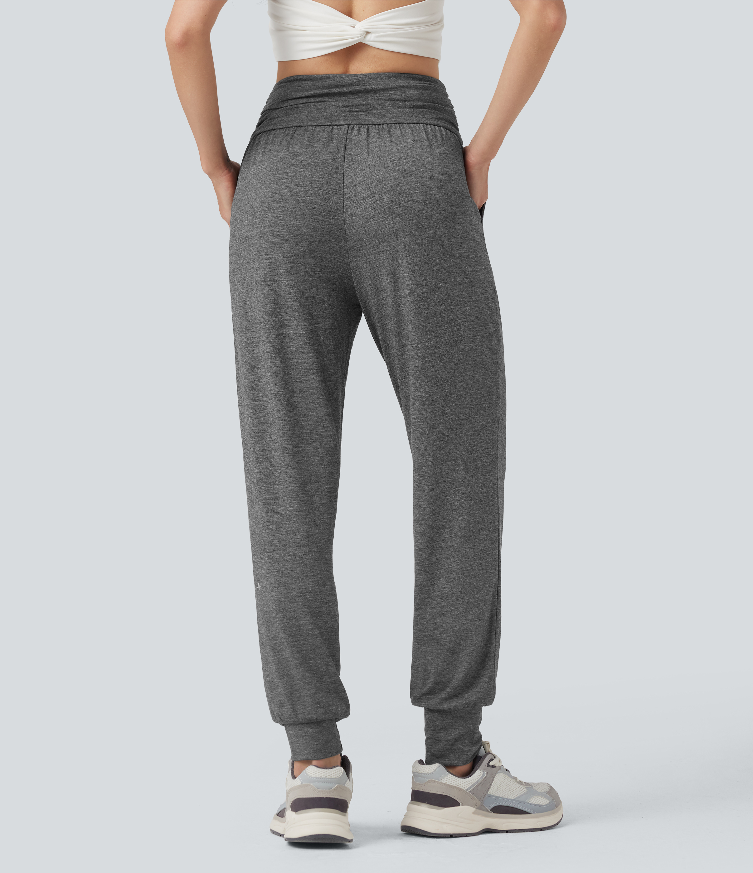 High Waisted Ruched Heathered Yoga Joggers with Pockets