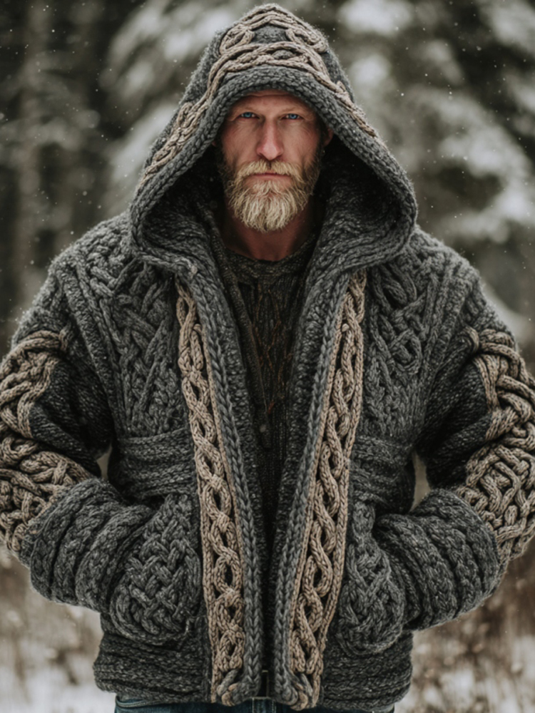 Men's Vintage Viking Celtic Knot Pattern Art Cozy Hooded Jacket
