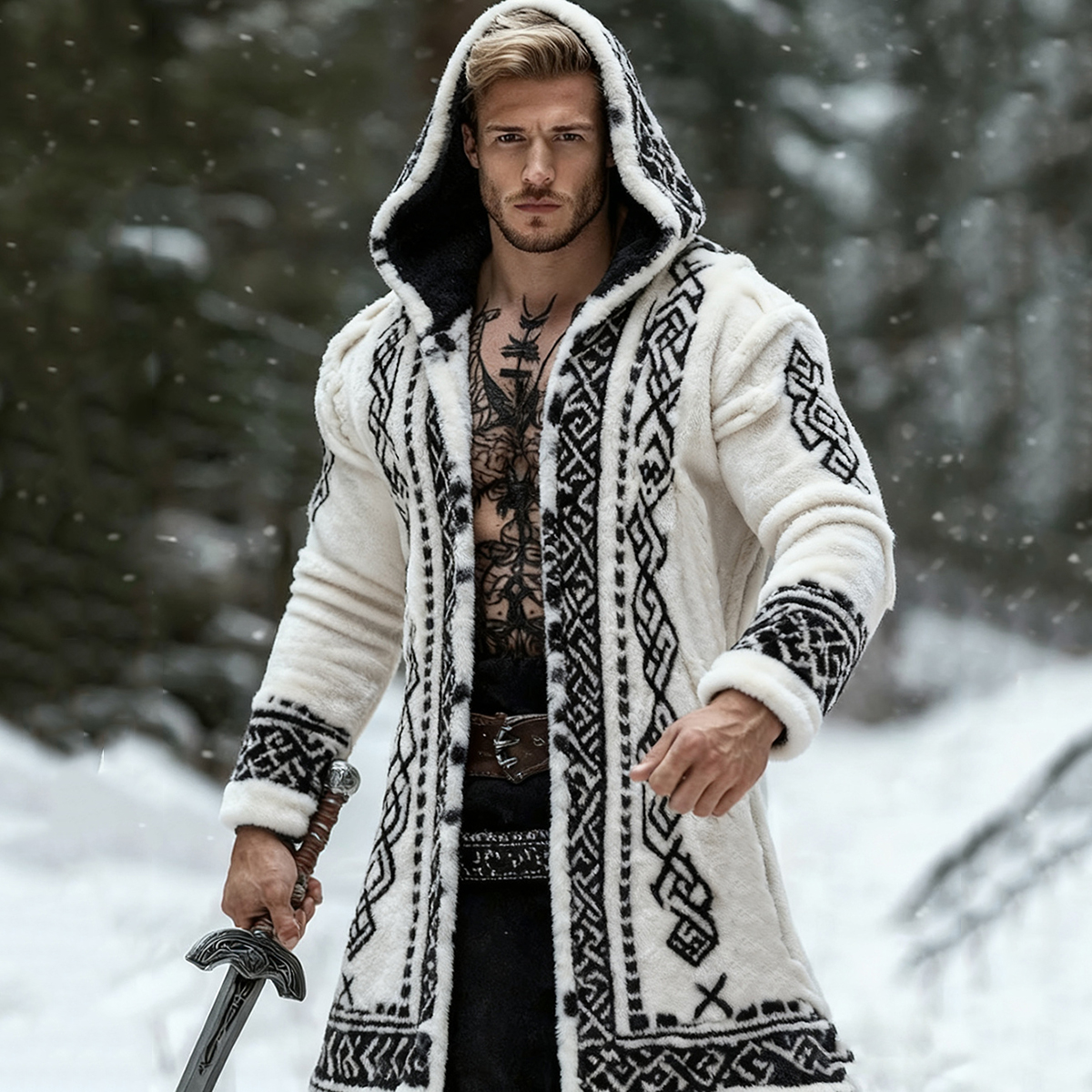 Men's Viking Celtic Tribal Pattern Art Cozy Hooded Jacket
