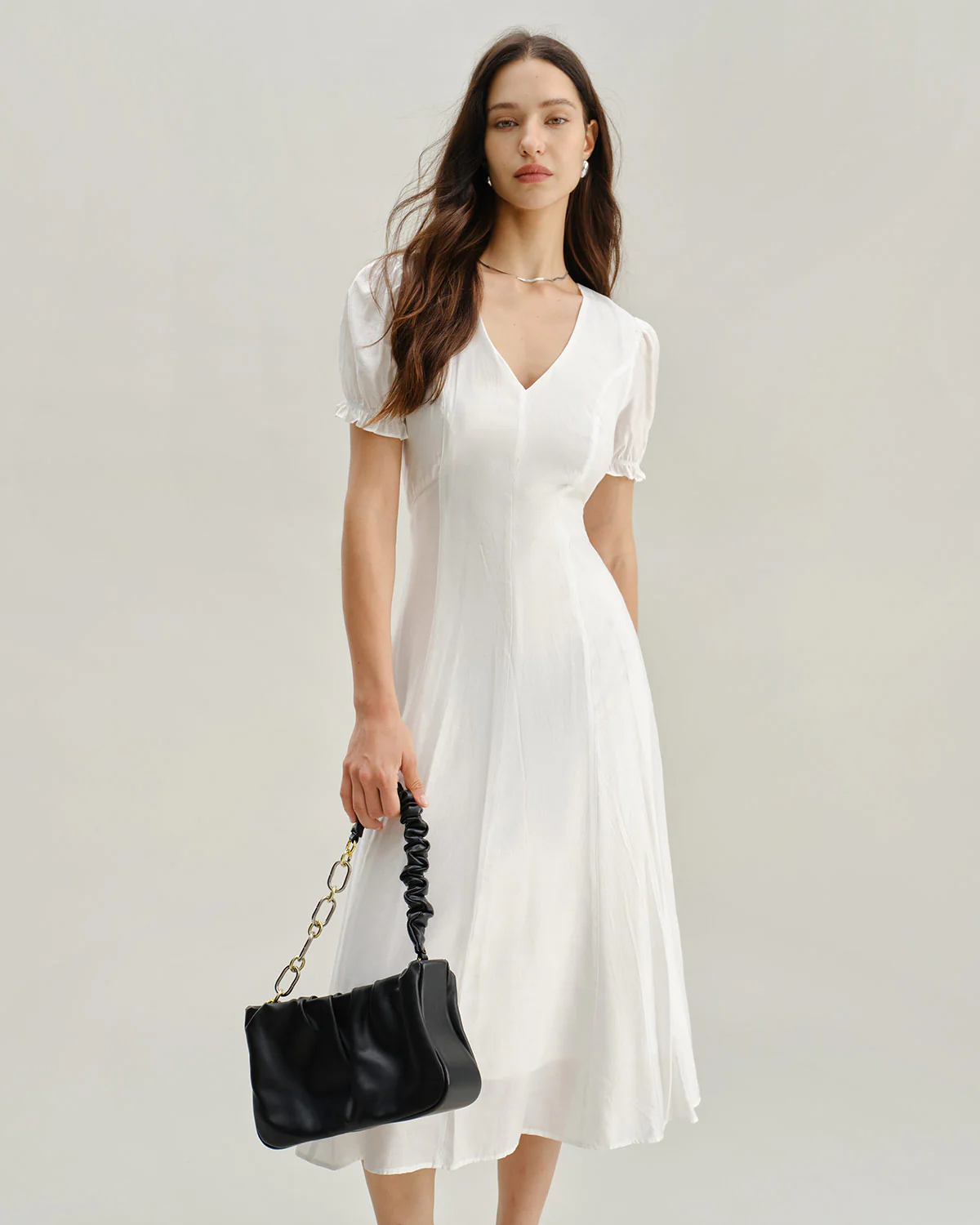 White Puffed Sleeve V Neck Midi Dress
