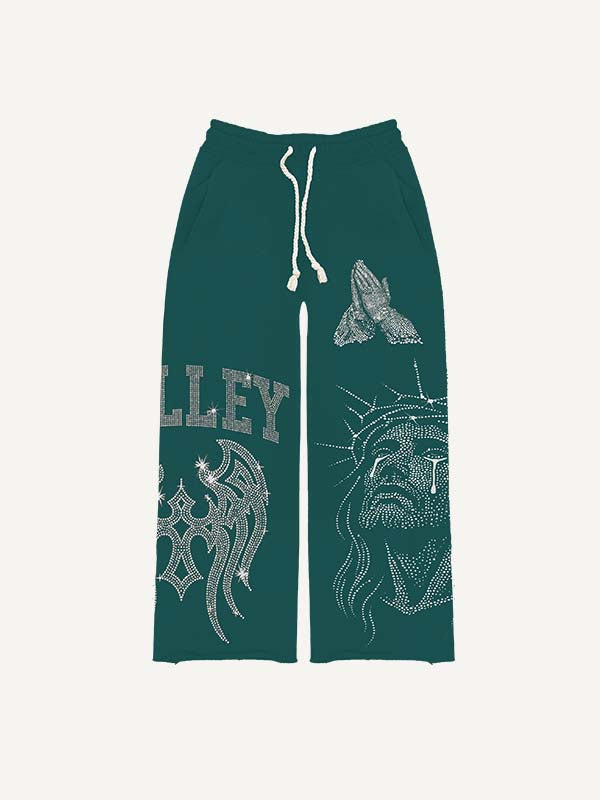 Jesus&Pray&Cross&Wing&Letter Faux Rhinestones Print Elastic Waist Pants