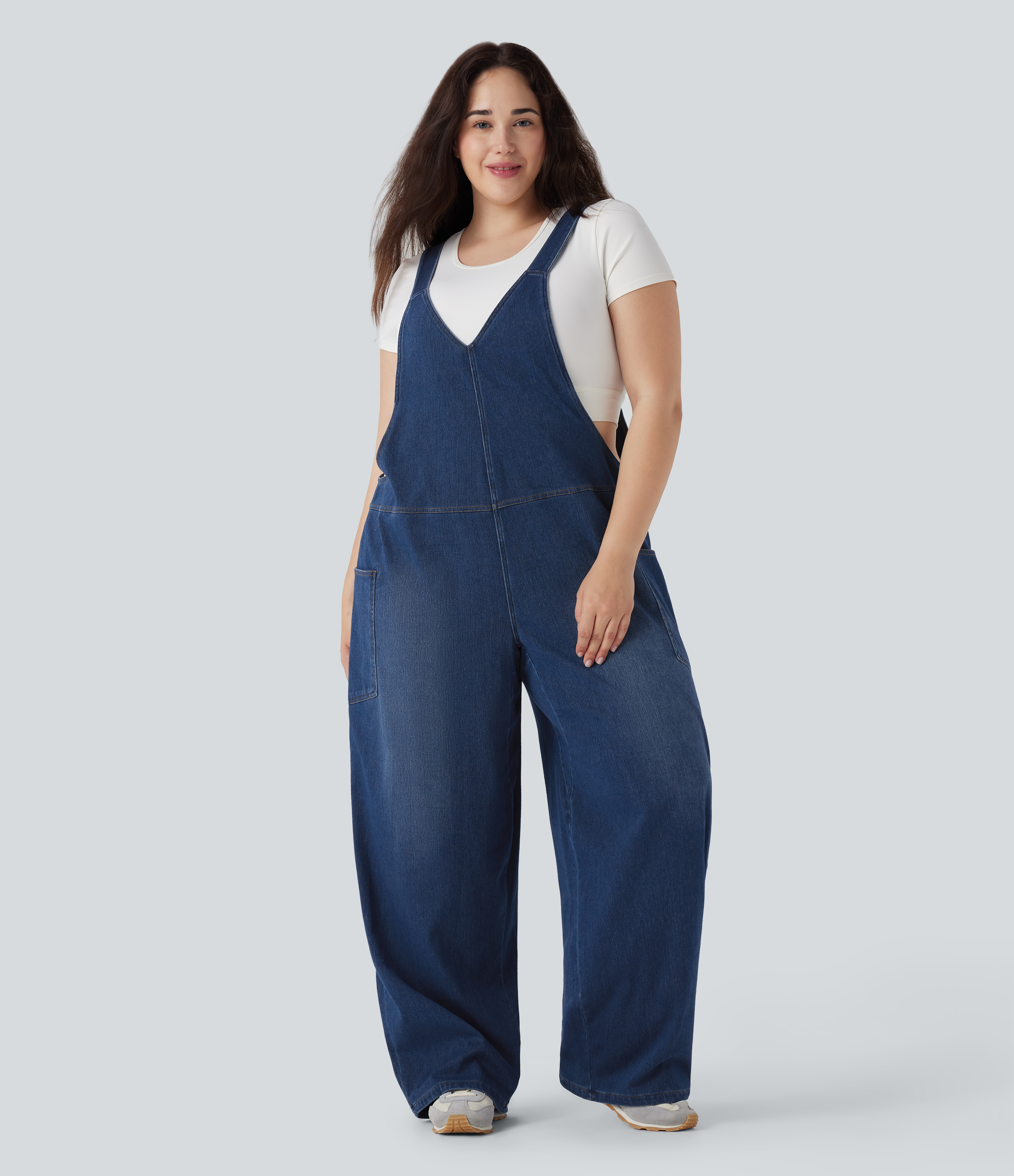 Halara Flex™ V Neck Washed Denim Casual Plus Size Overalls with Pockets