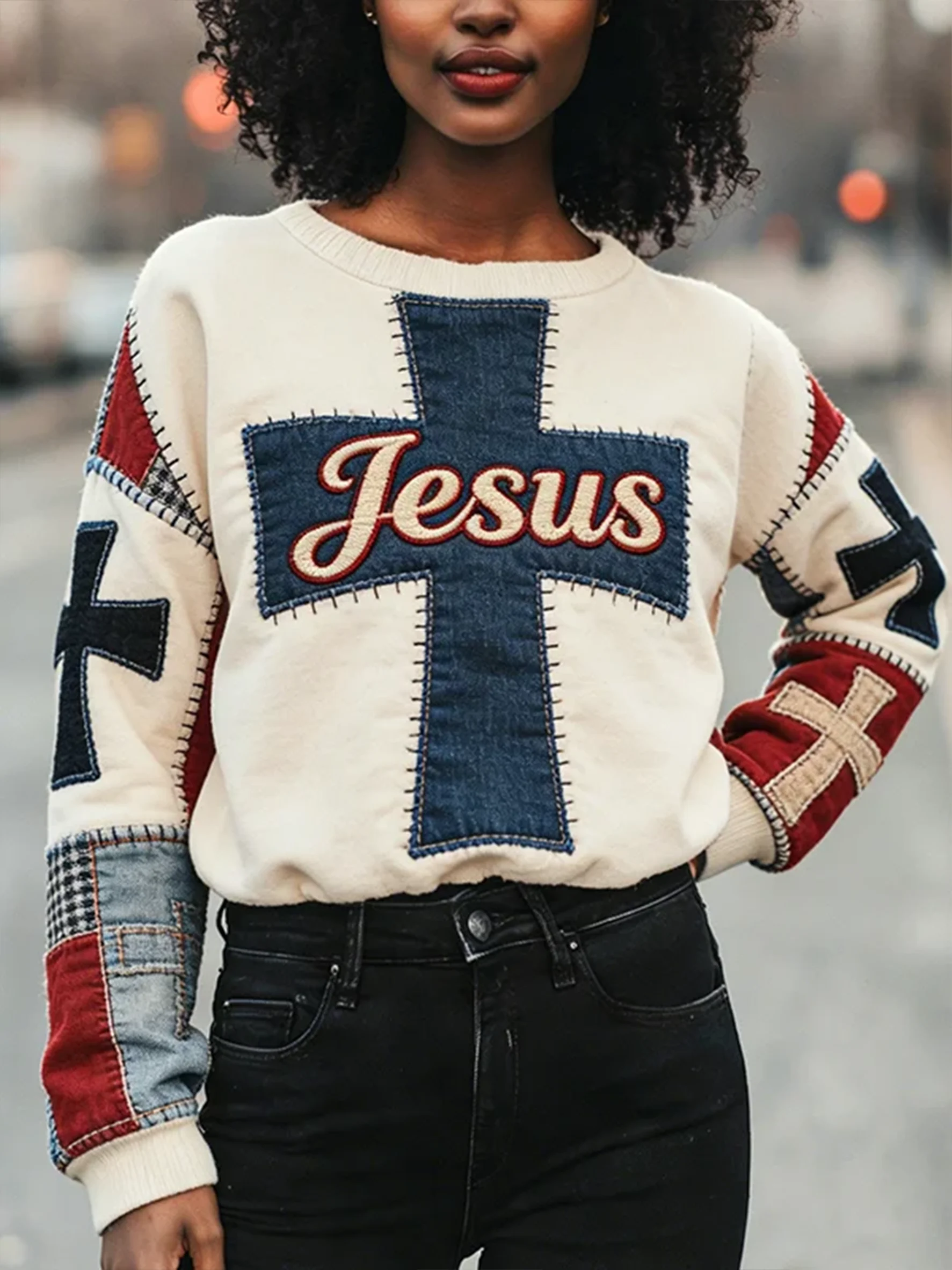 Women's Jesus Faith Cross Geometric Color Block Print Casual Sweatshirt-Fast Shipping