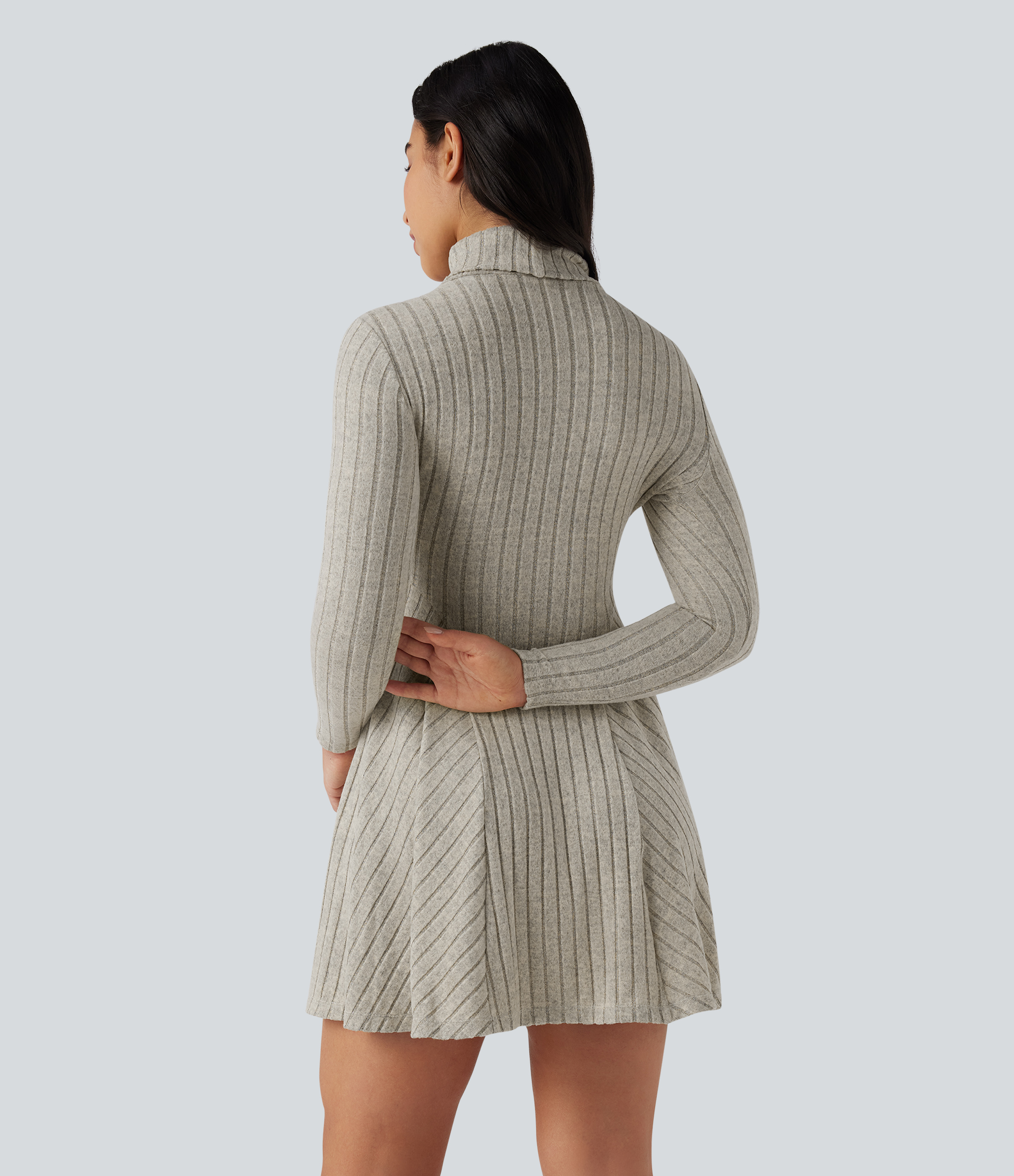 Ribbed Knit High Neck Long Sleeve Flare Mini Casual Dress