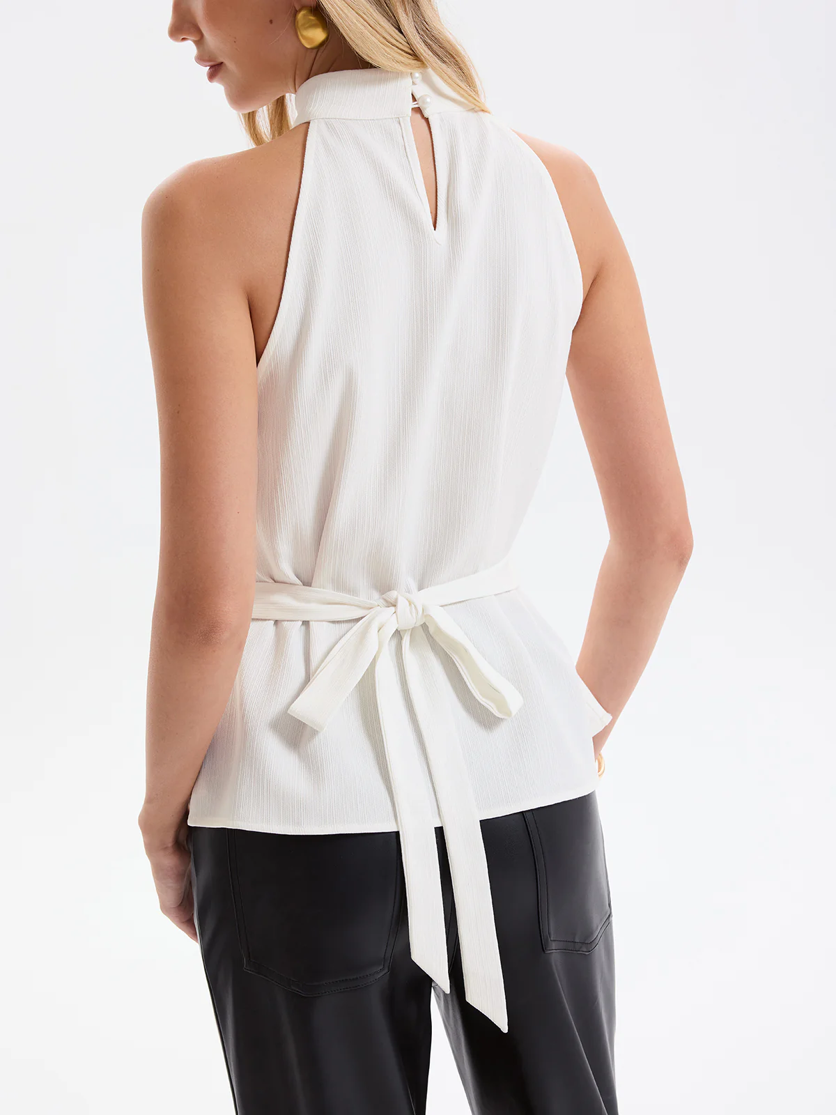 Wrap-Front Tie-Waist Sleeveless Top