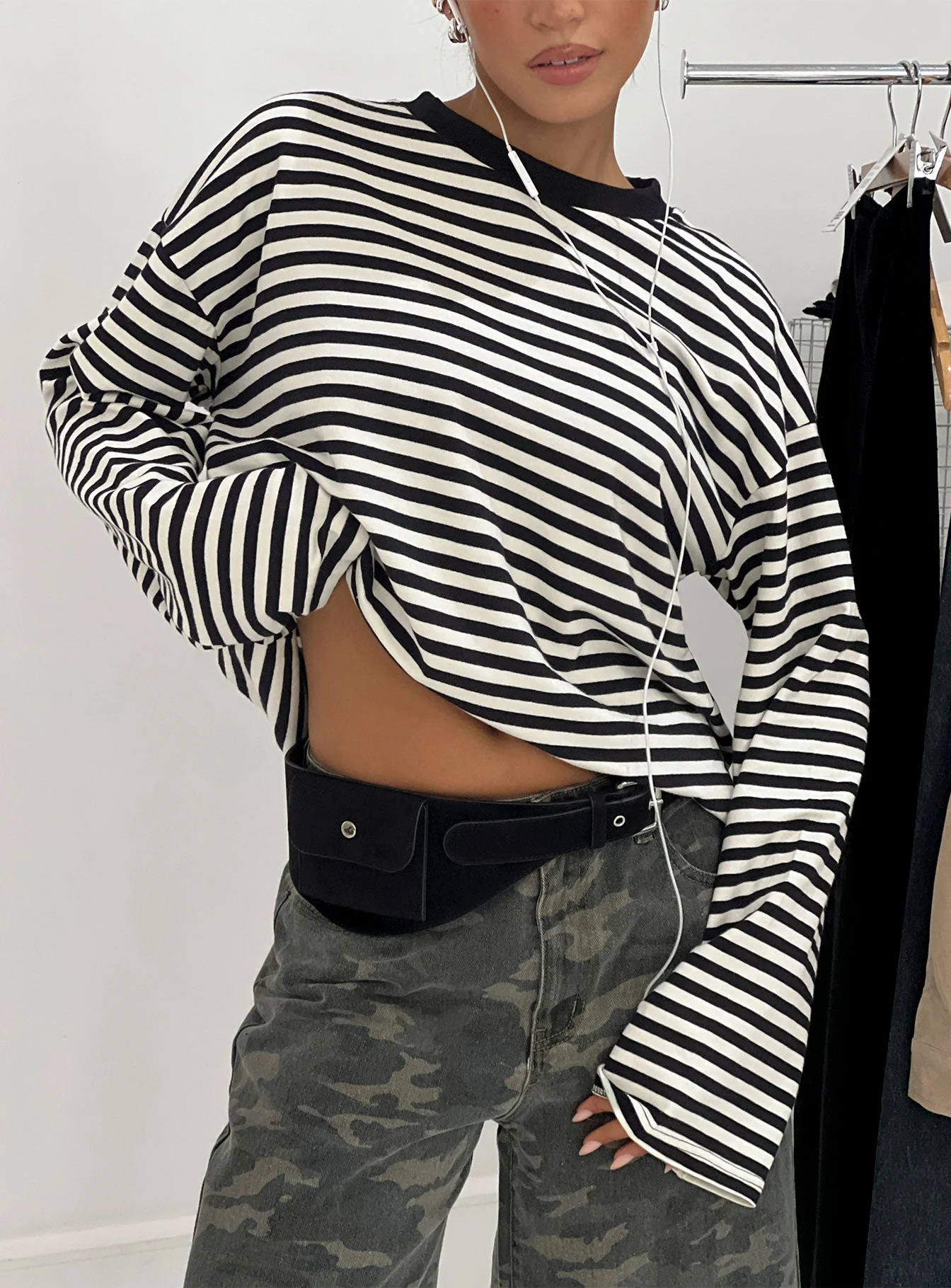 Settle Down Long Sleeve Top Black / White Stripe