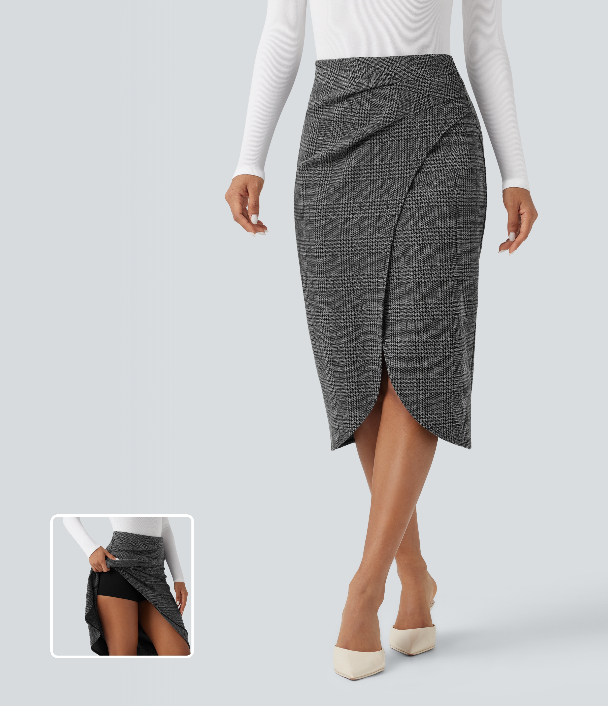 High Waisted 2-in-1 Tulip Hem Houndstooth Plaid Midi Work Skirt