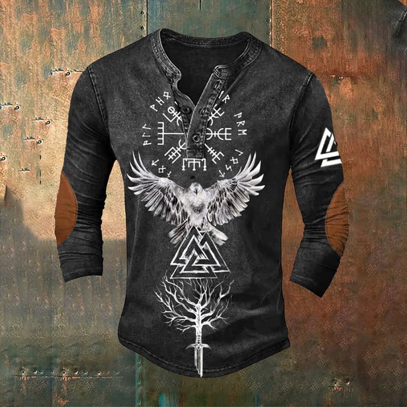 Tribal Viking Bird Graphics Henley Collar Long Sleeves T-Shirt