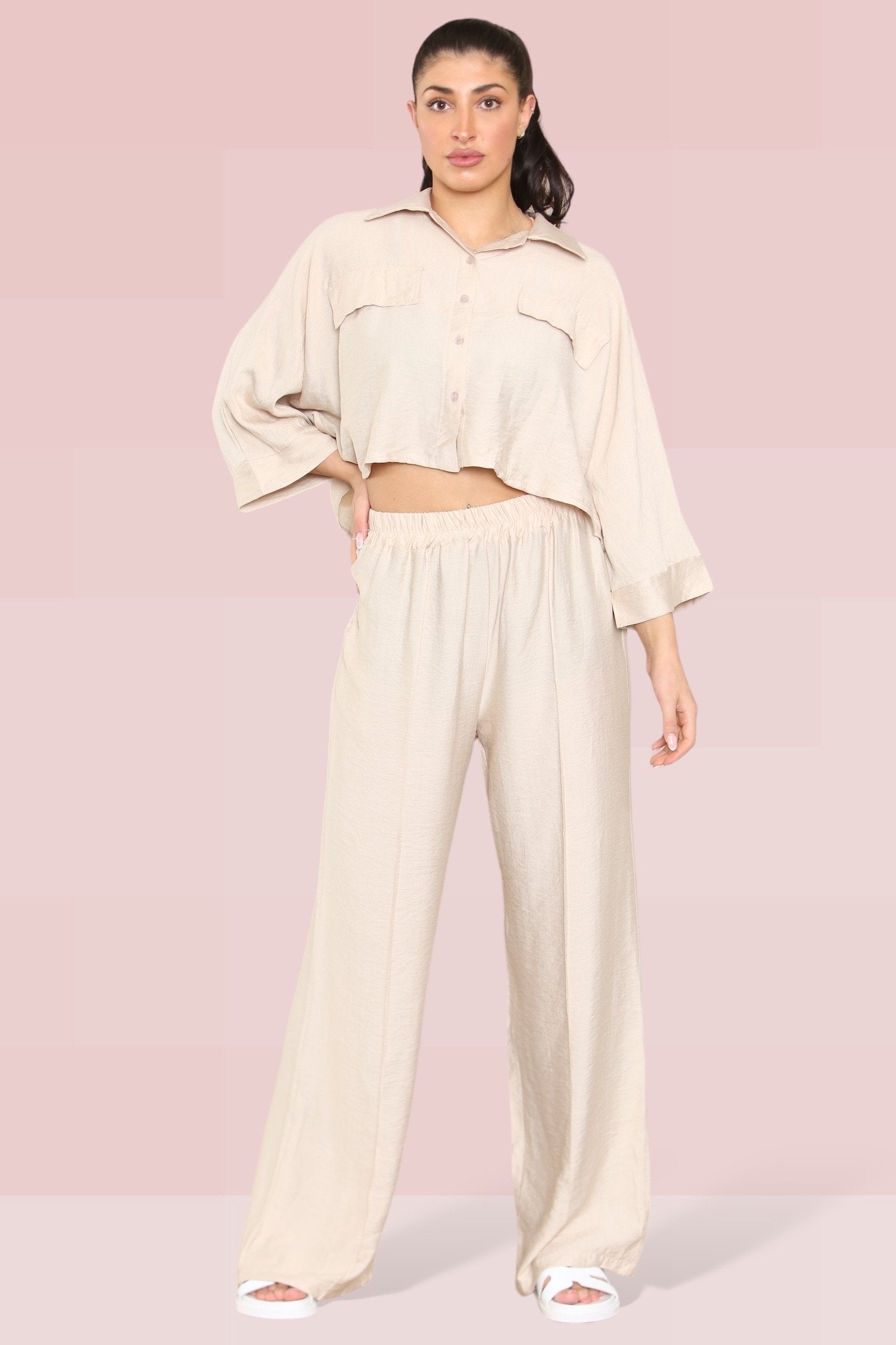Versatile Long Sleeve Button Crop Shirt & Loose Trousers Co-ord
