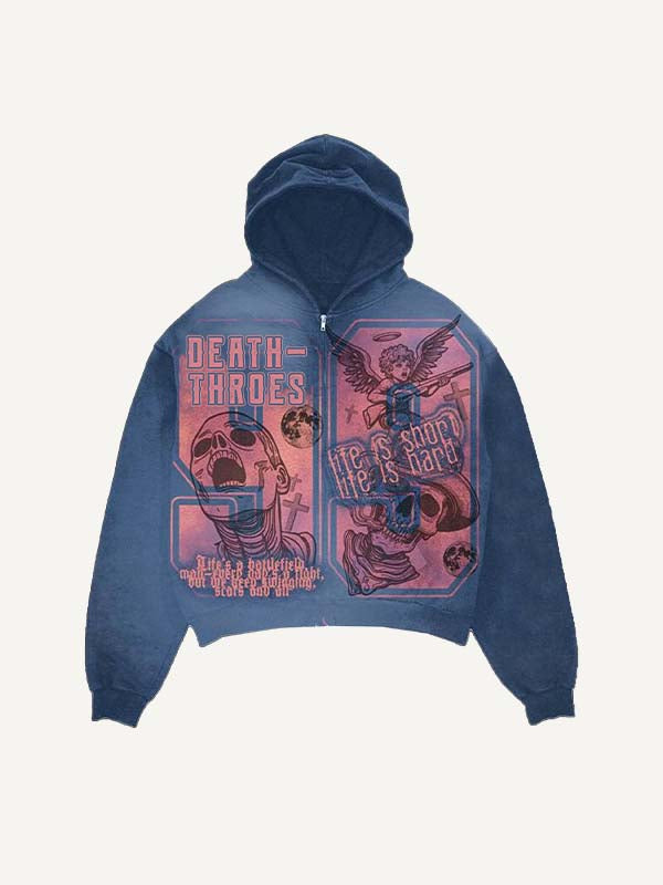 Zombies&Angel&Skull&Cross&Letter Print Zip Up Hooded Coat