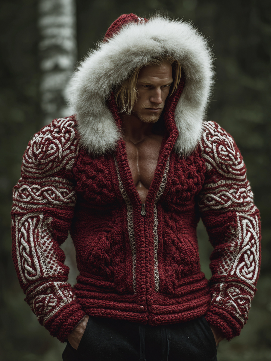 Men's Vintage Viking Celtic Knot Jacquard Hooded Knit Sweater Jacket
