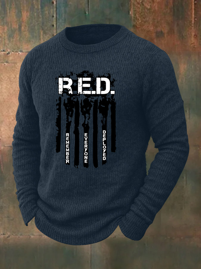 Men's  RED Friday Remember Everyone Deployed  Pattern  Wool Blend Classic Crew Neck Sweater