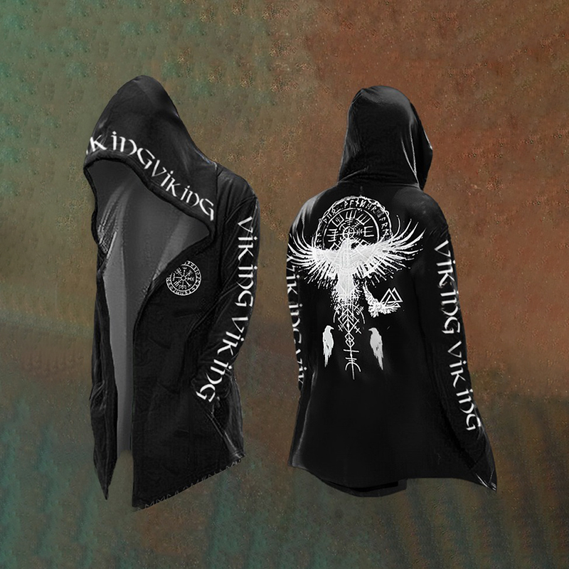 Men's Viking Totem Art Print Vintage Hooded Jacket