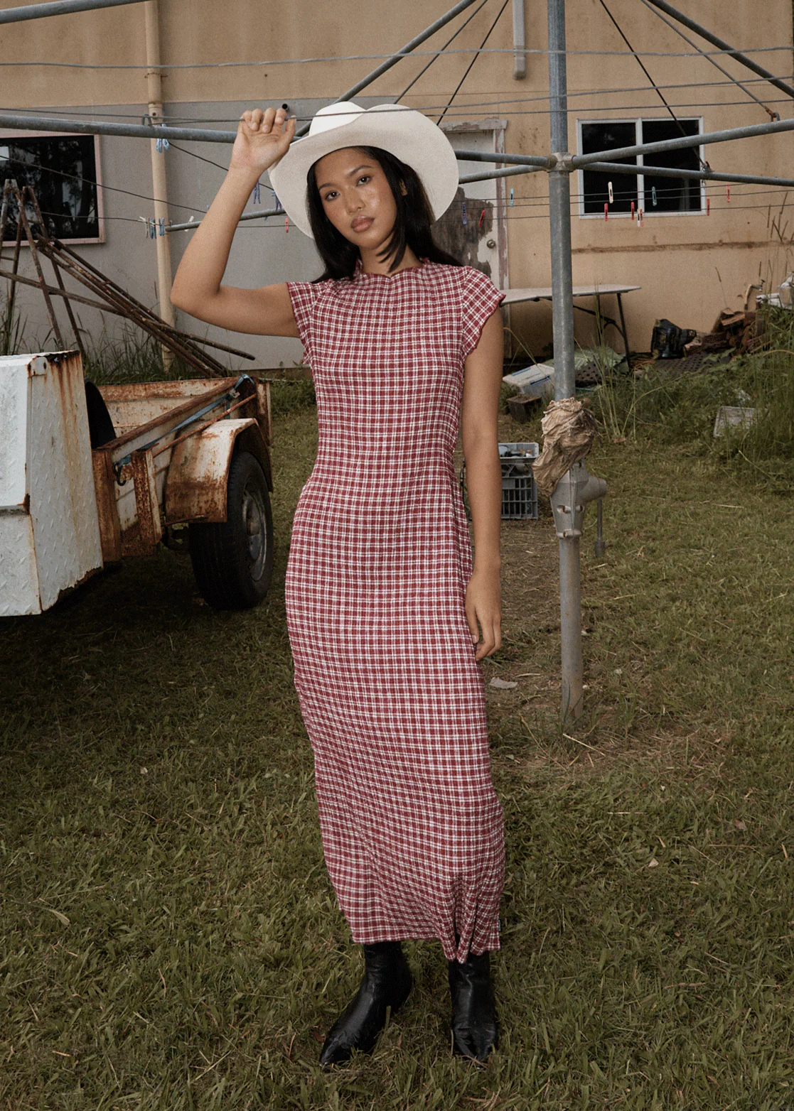 AFENDS Womens Elodie - Seersucker Midi Dress - Burgundy Check