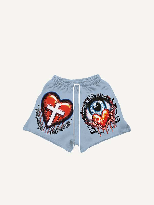 Eye&Heart&Cross&Letter Print Drawstring Waist Shorts