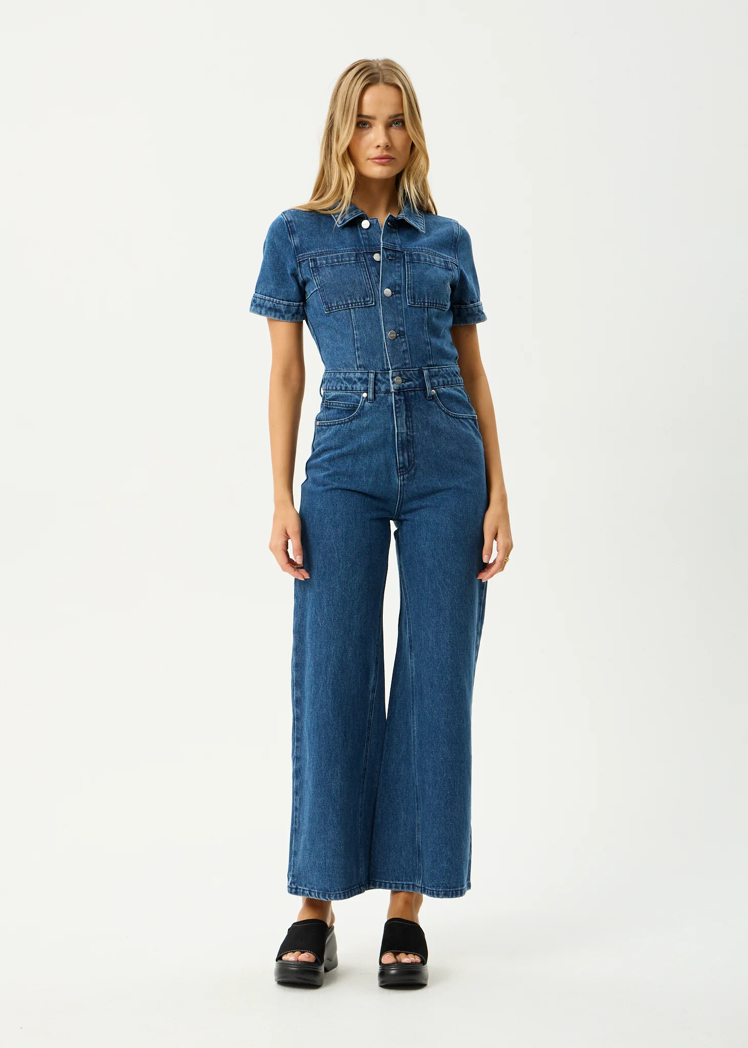 AFENDS Womens Miami - Denim Flared Leg Jumpsuit - Authentic Blue