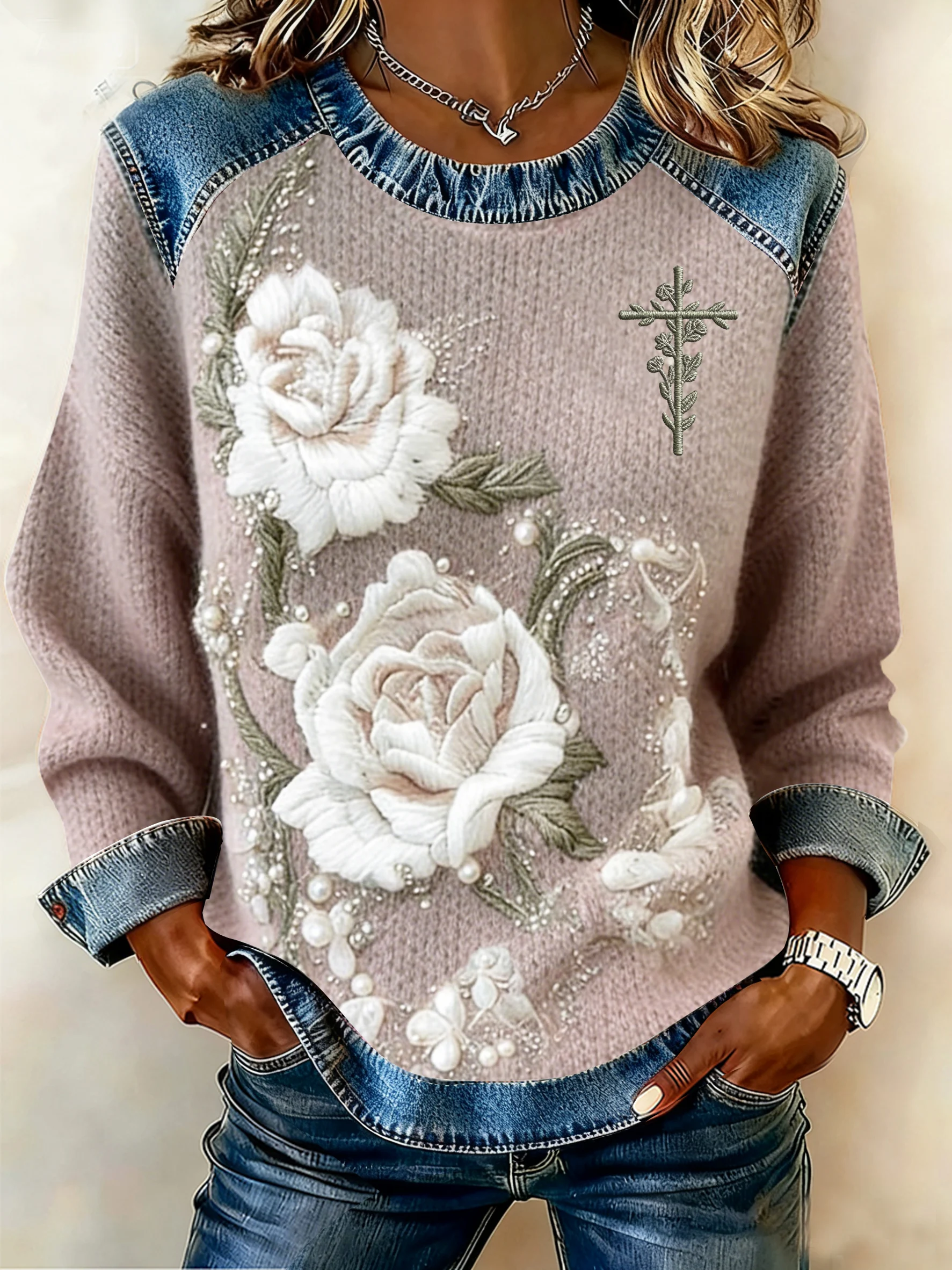 Women's Winter Floral Faith Print Round Neck Top-Fast Shipping