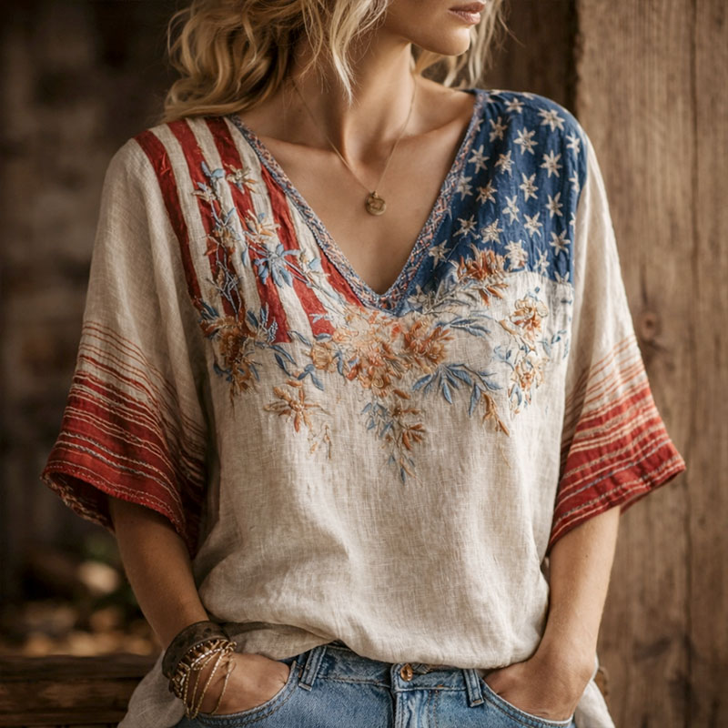 Women's America Floral Print Casual V-Neck 3/4 Sleeve