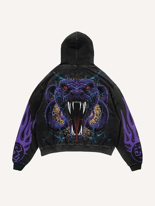 Snake&Fire Print Slant Pockets Hoodie