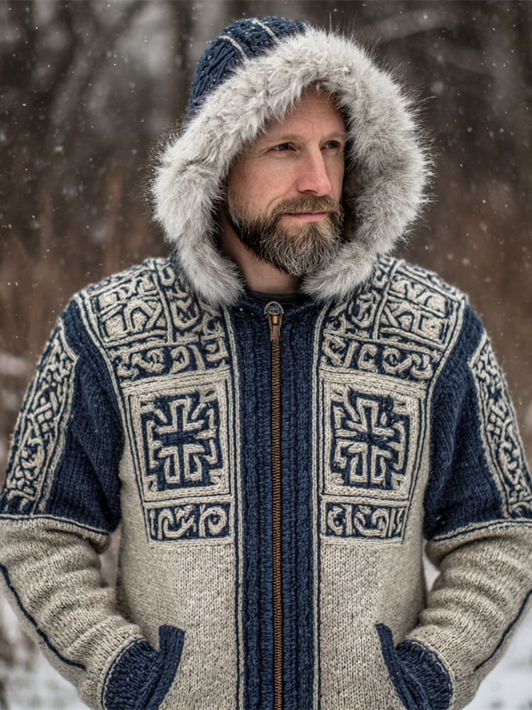 Irish Cross Pattern Men's Knit Hooded Wool Collar Zipper Jacket