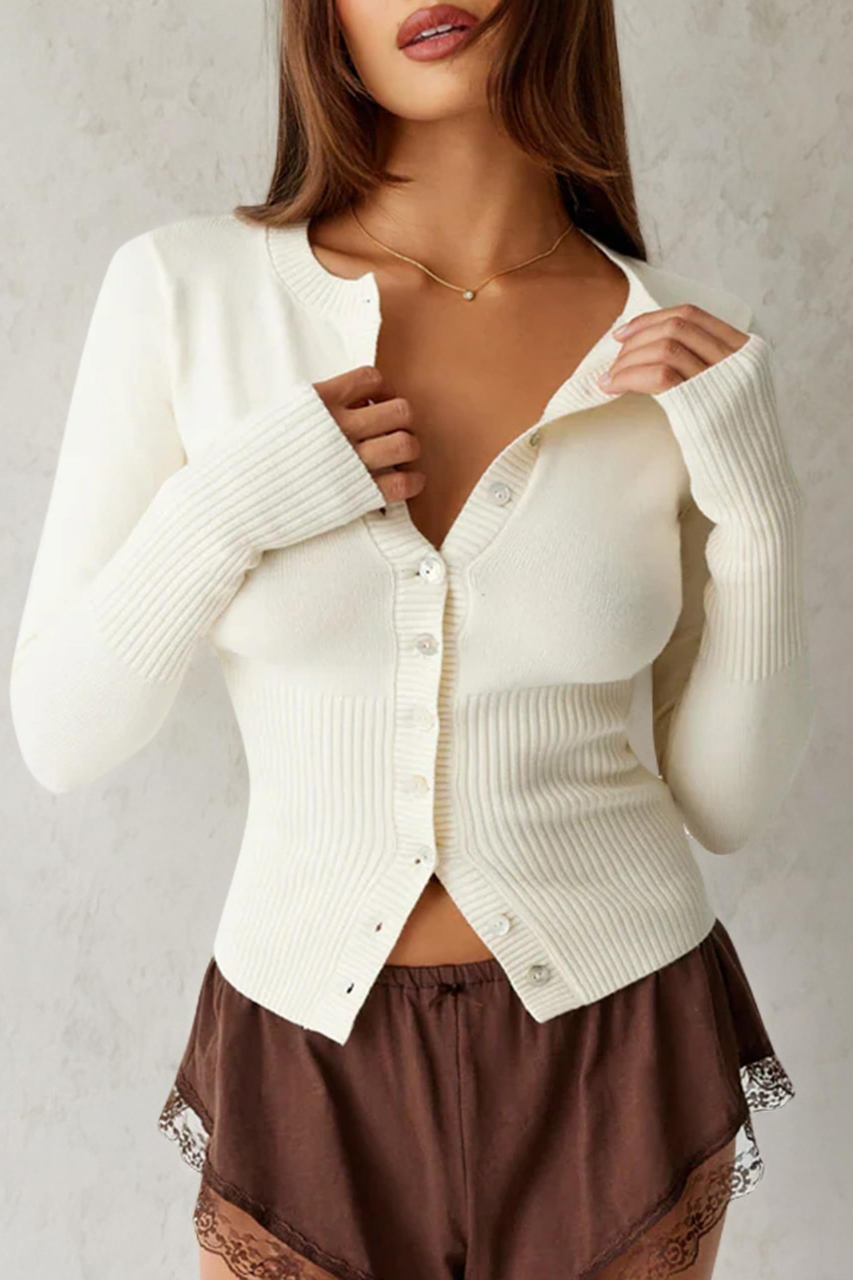 Elegant Round Neck Long Sleeve Button-Up Knit Cardigan