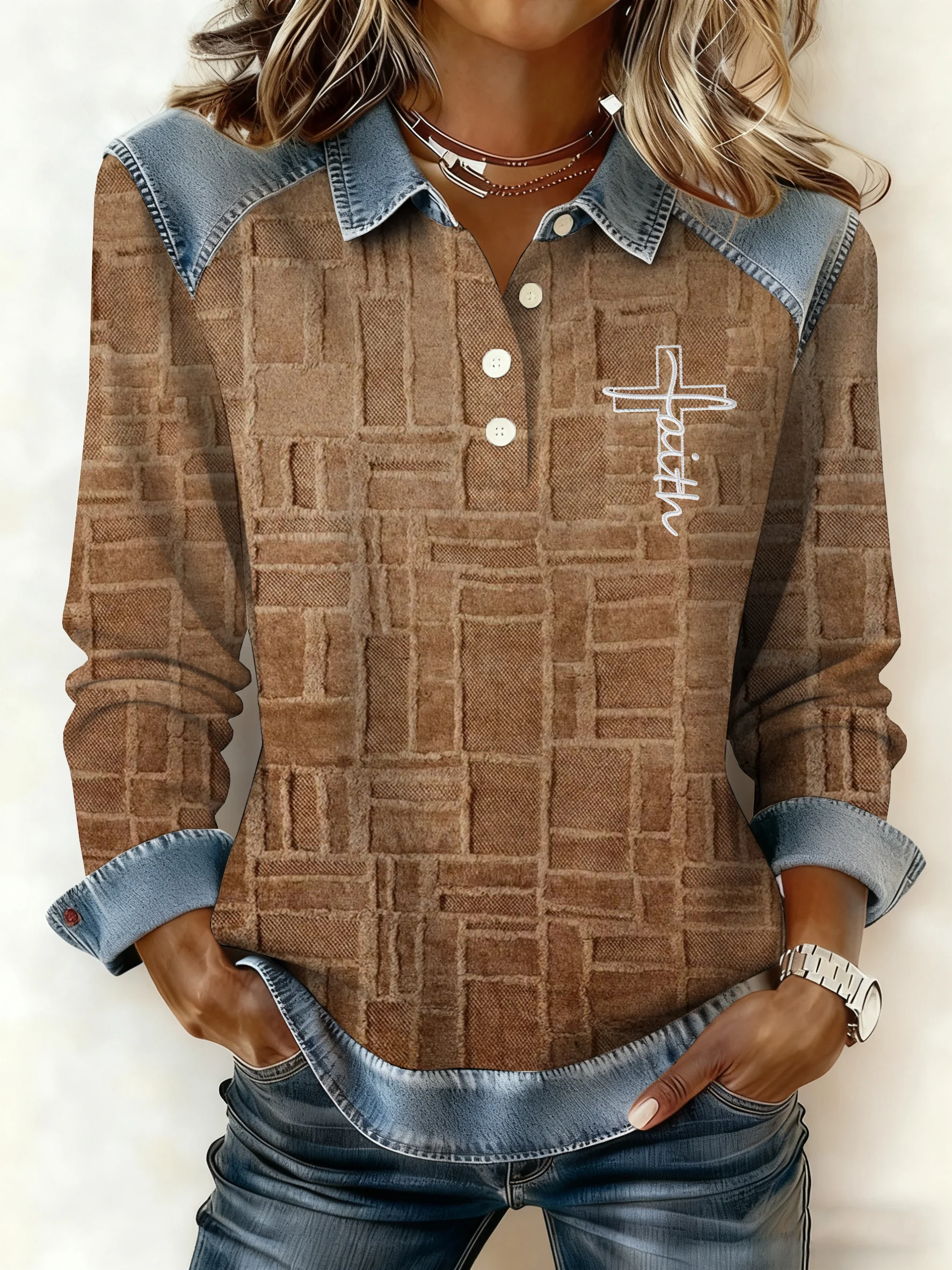 Women's Winter Retro Western Style Denim Print Top-Fast Shipping