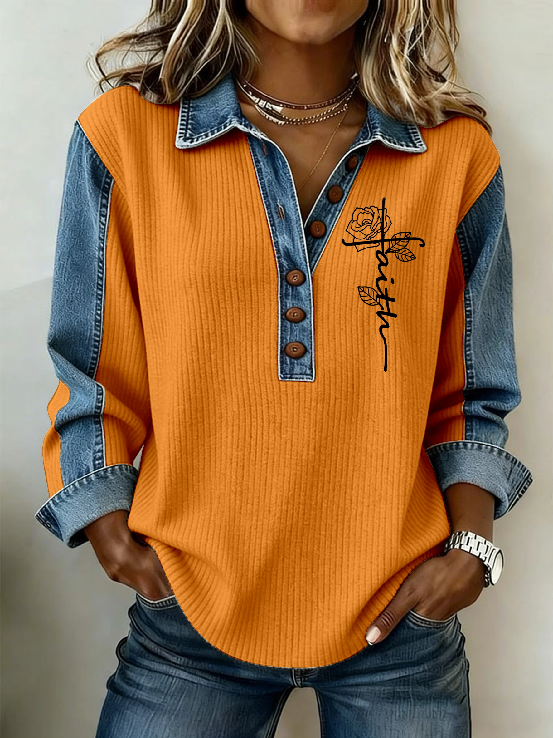 Women's Faith Printed Collar Button-Down Knit Top-Fast Shipping