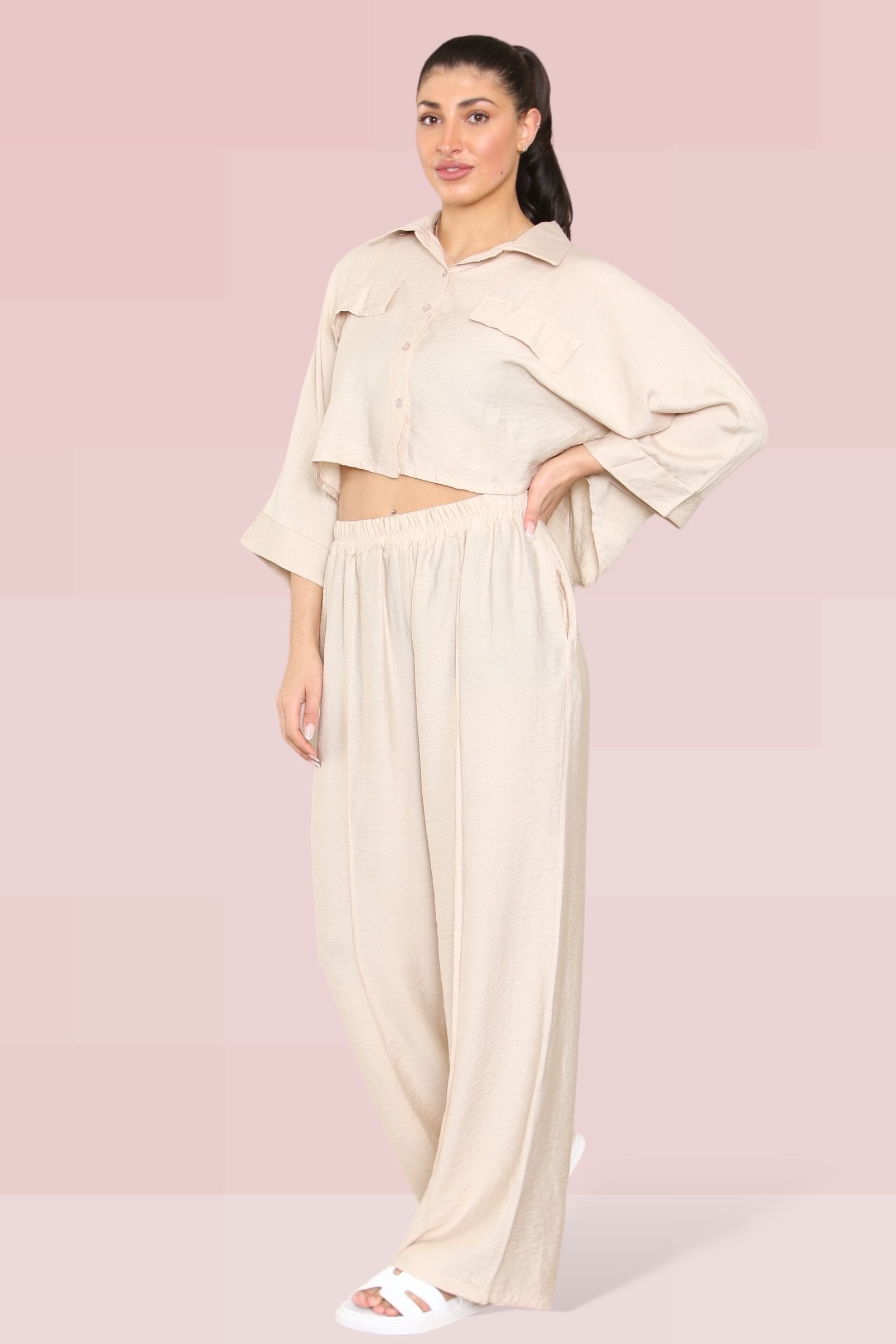 Versatile Long Sleeve Button Crop Shirt & Loose Trousers Co-ord