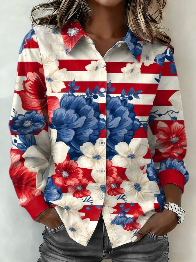 Women's Retro Flag Floral Print Casual Collared Shirt