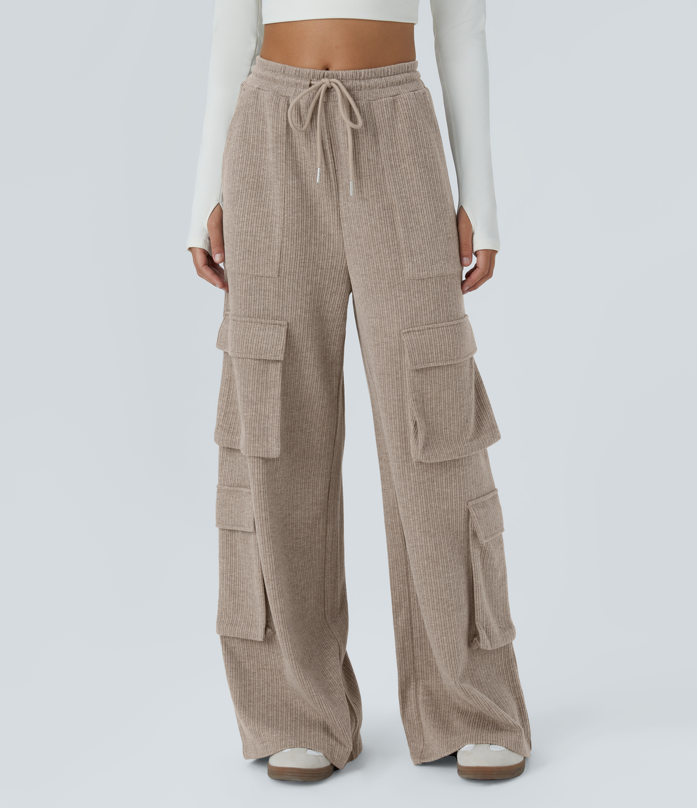 Ribbed Mid Rise Drawstring Pockets Wide Leg Cargo Casual Pants