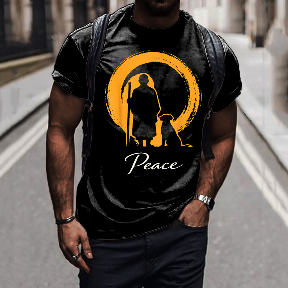 Retro Peace Monk And Alokka Dog Silhouette Short Sleeve T-shirt