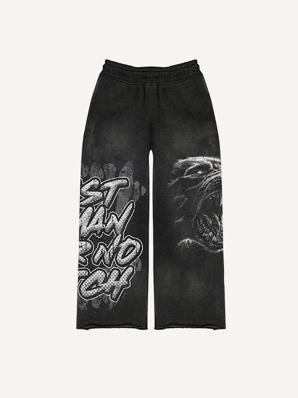 Wolf&Fire&Letter Print Elastic Waist Pants