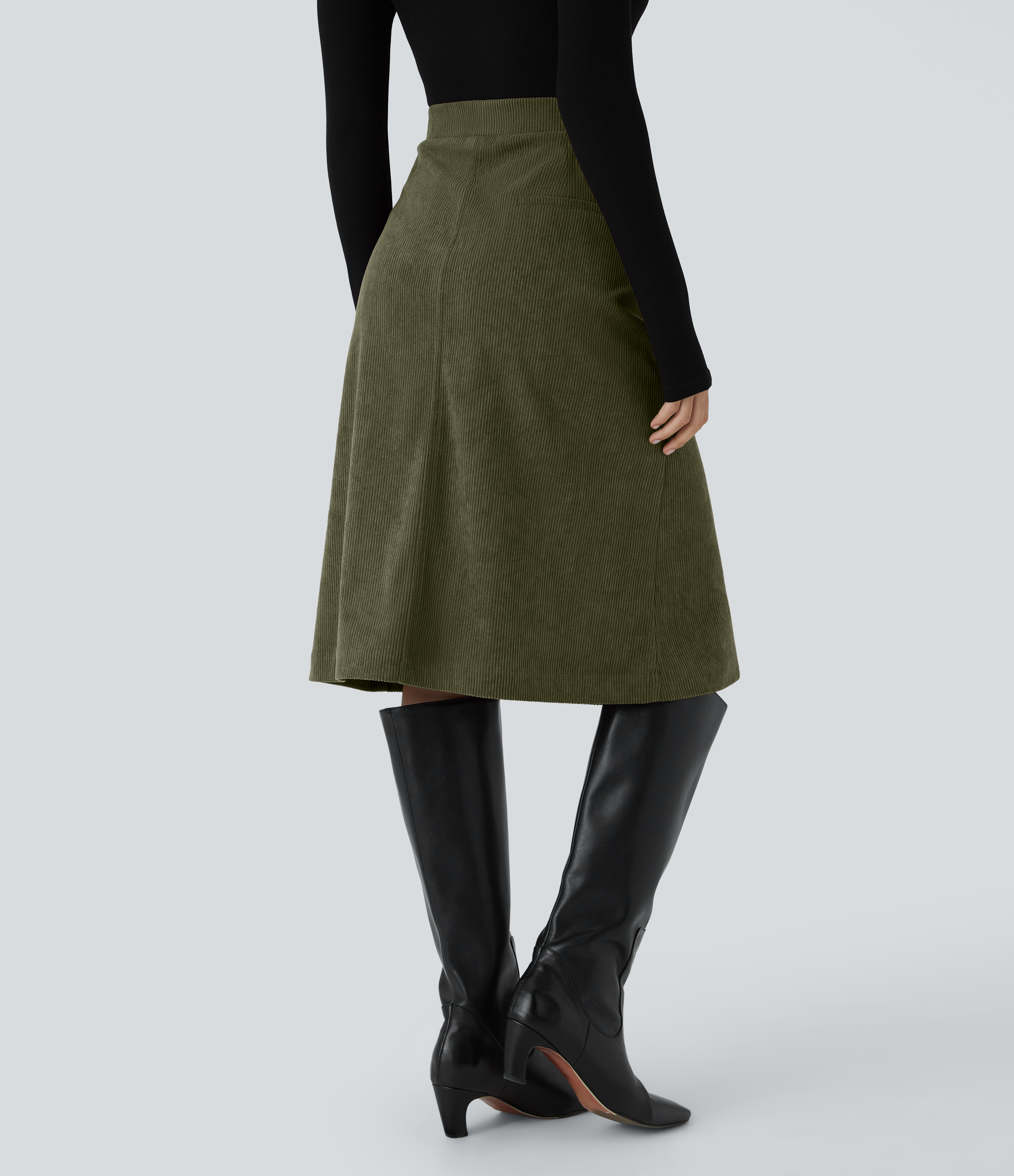 Mid Rise Front Side Flap Pocket Midi Corduroy Casual Skirt