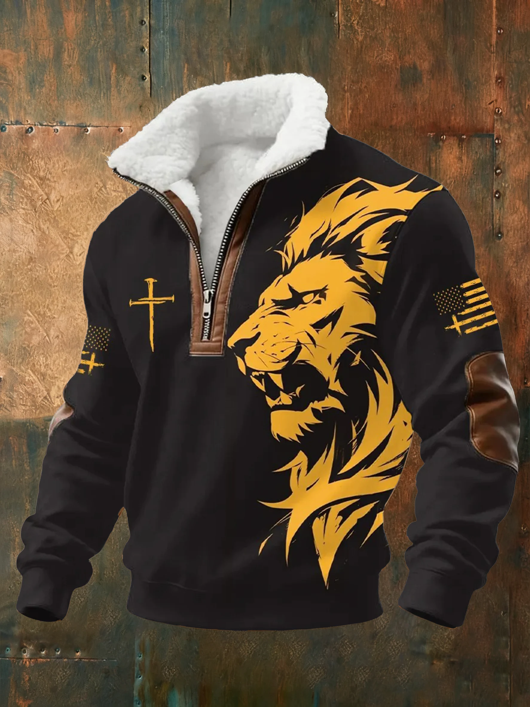 Men's Faith Print Zipper Fur Collar Long-Sleeve Sweatshirt-Fast Shipping