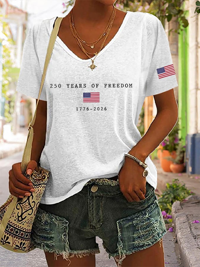 Women's America Flag Print V-neck T-shirt