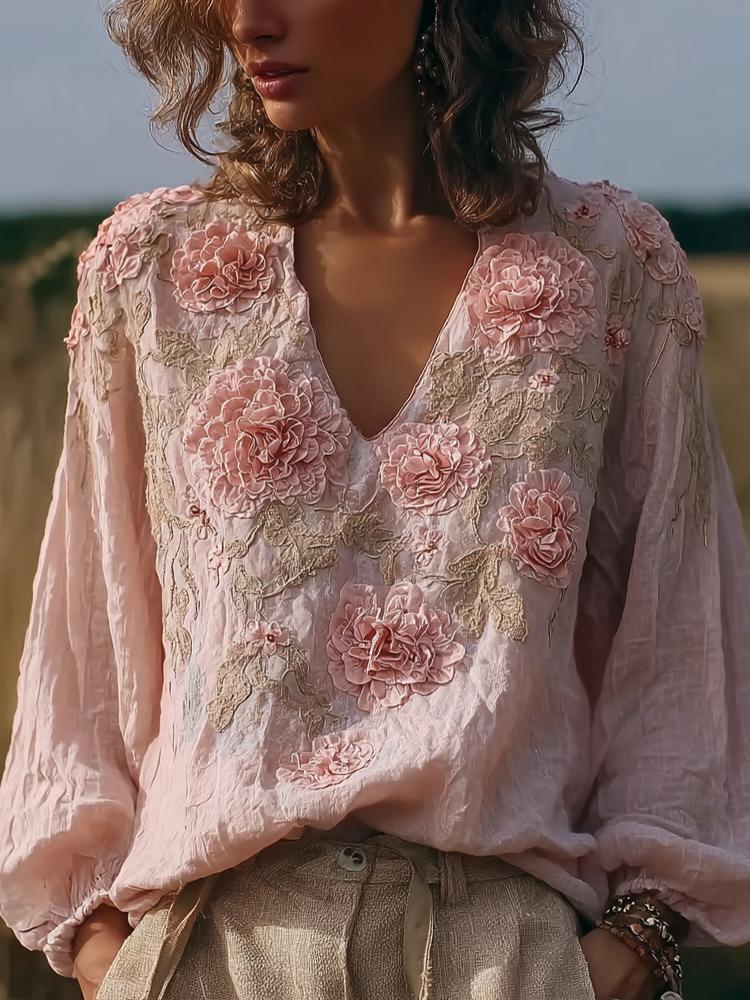 Bohemian Retro Countryside Style Plant Flower Design Cotton And Linen Women's Long-sleeve Shirt