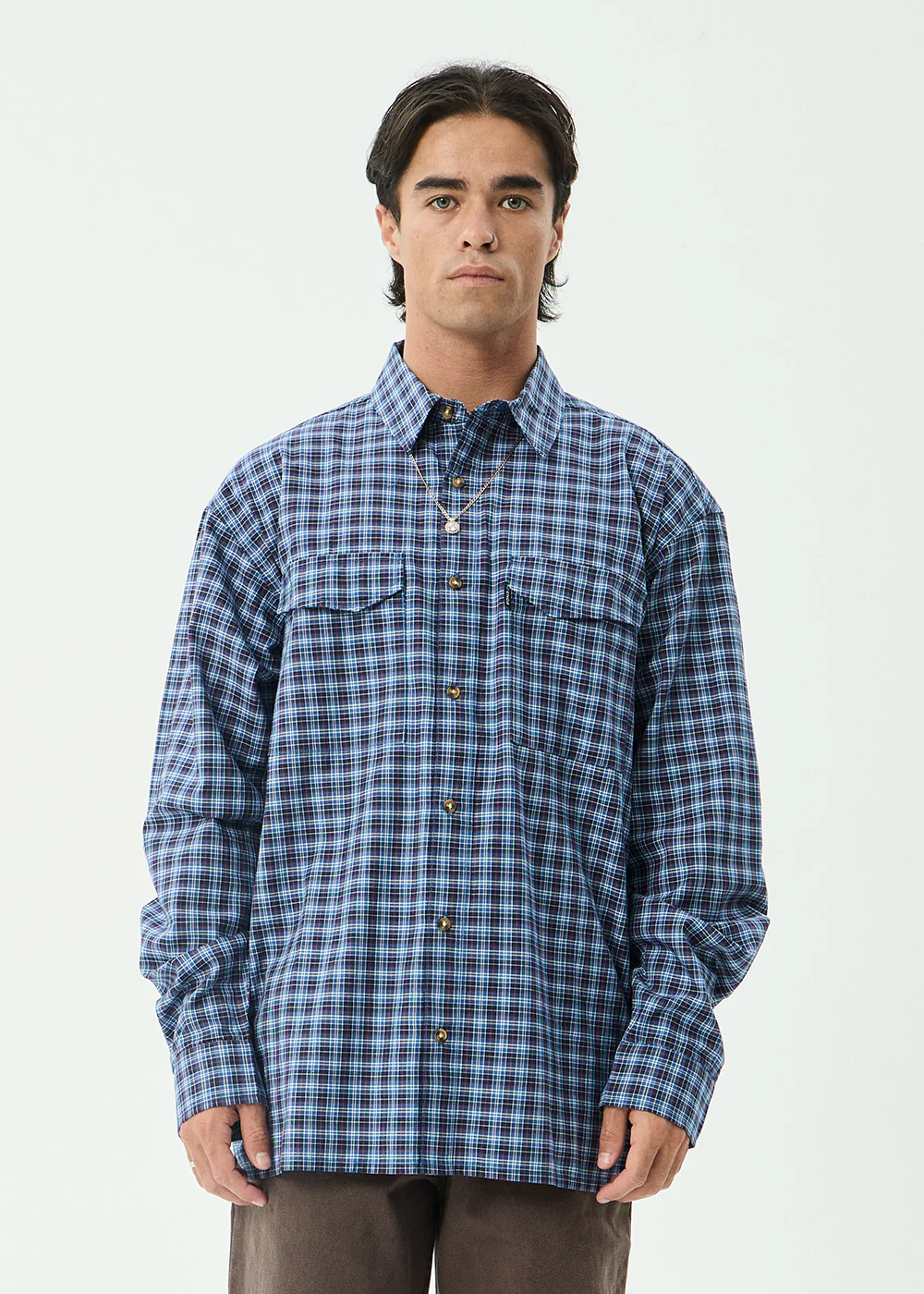 AFENDS Mens Mountains - Oversized Long Sleeve Shirt - Navy Check