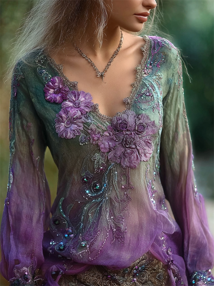 Boho Purple Flowers Lace Gradient Flowy Linen Tunic