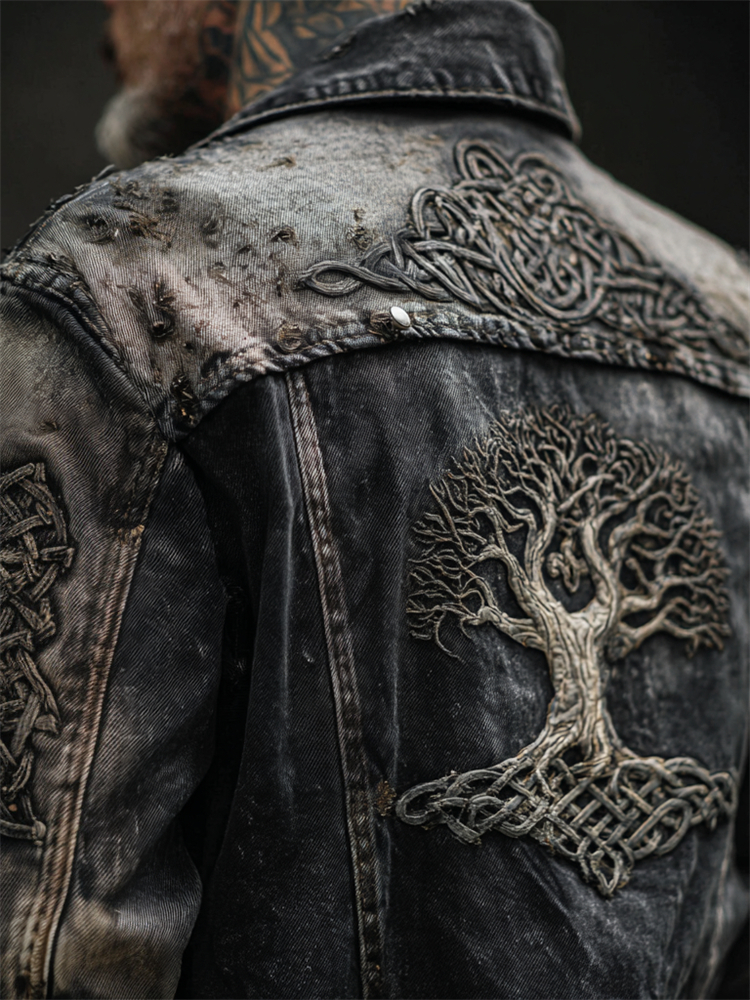 Men's Viking Tree Of Life Celtic Vintage Washed Denim Jacket