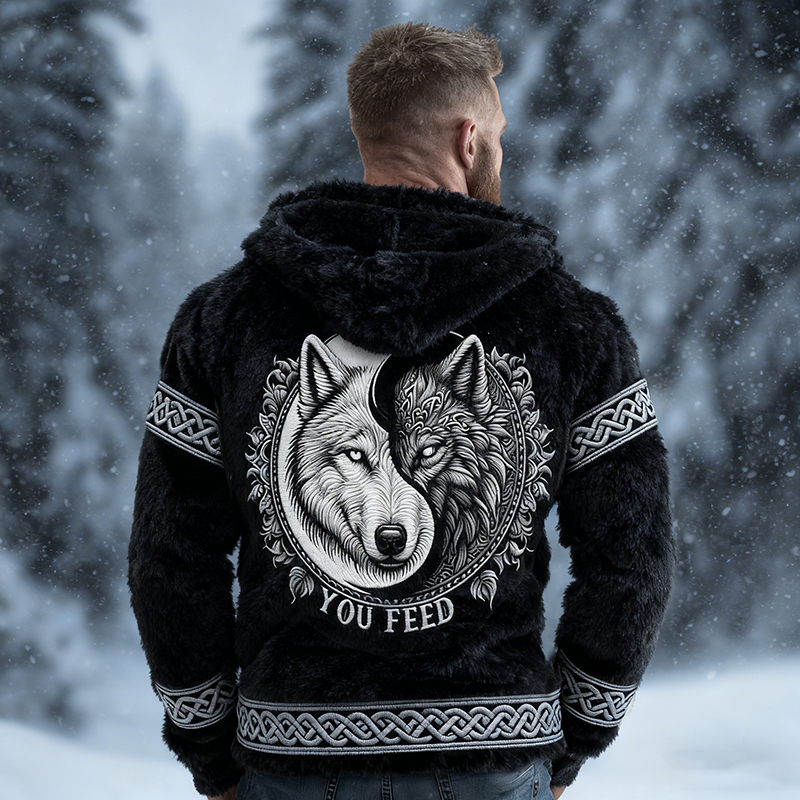 Men's Viking Tribal Jacquard Celtic With Yin-yang Wolf Inspired Art Plush Warm Zipped Hooded Jacket